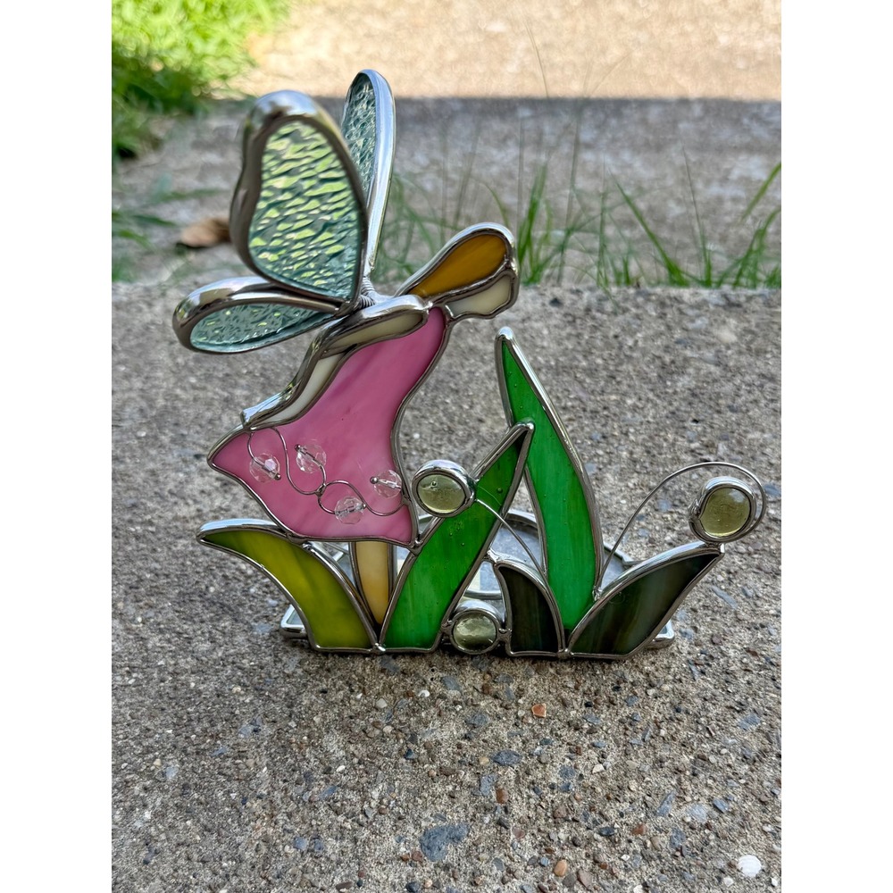 Vintage Stained Glass Fairy Tea Light Candle Holder Butterfly Garden Decor